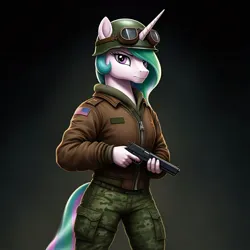 Size: 1024x1024 | Tagged: safe, ai content, derpibooru import, generator:google imagen 3.0, machine learning generated, prompter:zerowinger, princess celestia, bomber jacket, clothes, cosplay, costume, female, g.i. joe, general hawk, goggles, gradient background, gun, handgun, helmet, image, jacket, jpeg, m1911, pistol, solo