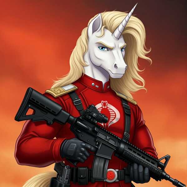 Size: 1024x1024 | Tagged: safe, ai content, derpibooru import, generator:google imagen 3.0, machine learning generated, prompter:zerowinger, prince blueblood, anthro, unicorn, assault rifle, clothes, cobra the enemy, cosplay, costume, crimson guard, g.i. joe, gradient background, gun, horn, image, jpeg, male, military uniform, rifle, solo, uniform, weapon