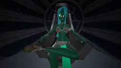 Size: 2560x1440 | Tagged: suggestive, artist:oatmeal!, derpibooru import, queen chrysalis, human, equestria girls, g4, 3d, belly, belly button, boots, bra, breasts, cleavage, clothes, collar, costume, crossed legs, death star, emperor palpatine, gmod, humanized, image, looking at you, png, princess leia, raised leg, sexy, shoes, sitting, skirt, slave leia outfit, solo, star wars, stars, throne, throne room, underwear