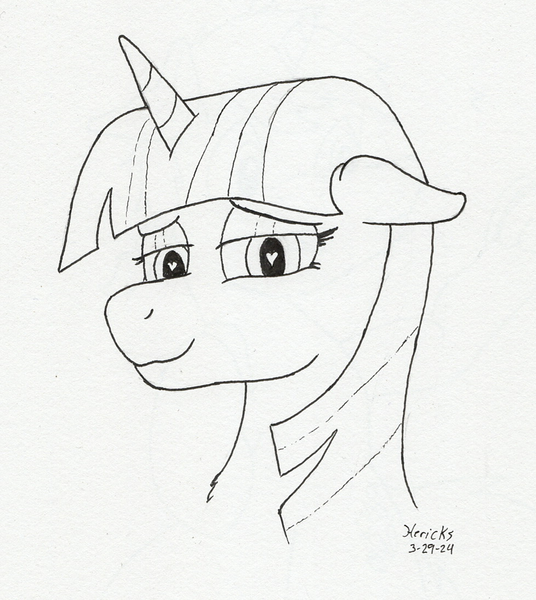 Size: 978x1095 | Tagged: safe, artist:hericks, ponerpics import, ponybooru import, twilight sparkle, pony, bust, heart eyes, image, lineart, looking at you, png, portrait, traditional art, wingding eyes