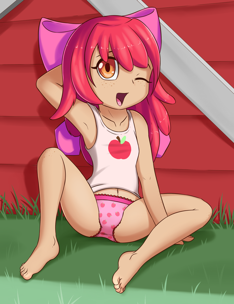 Size: 2000x2600 | Tagged: suggestive, artist:fearingfun, banned from derpibooru, ponerpics import, ponybooru import, apple bloom, human, apple bloom's bow, bow, child, clothes, female, grass, hair bow, humanized, image, lolicon, looking at you, one eye closed, outdoors, panties, png, shirt, sleeveless, sleeveless shirt, solo, solo female, underage, underwear, young