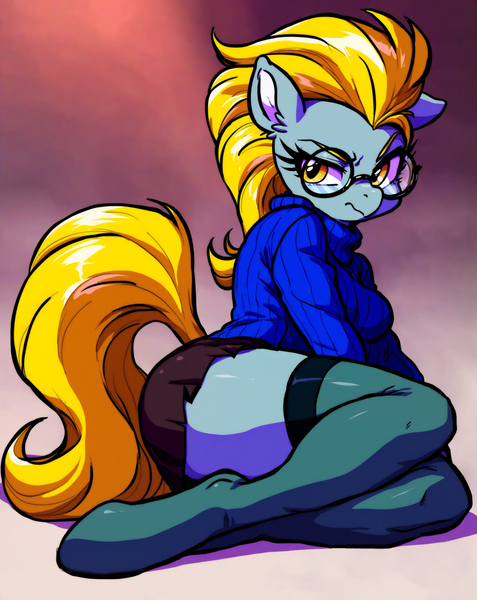 Size: 1984x2496 | Tagged: safe, ai content, derpibooru import, machine learning generated, prompter:bendy and boney, stable diffusion, derpy hooves, anthro, pegasus, unguligrade anthro, g4, abstract background, bright eyes (mirror universe), clothes, female, full body, generator:pony diffusion v6 xl, glasses, grumpy, image, png, skirt, socks, solo, stockings, sweater, thigh highs, wingless, wingless anthro