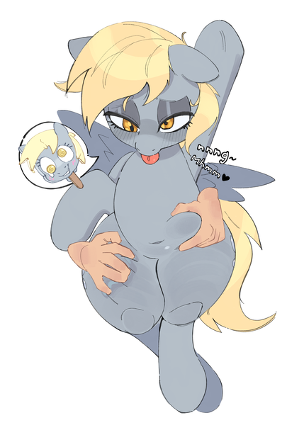 Size: 1702x2379 | Tagged: suggestive, artist:maremagnet, derpibooru import, derpy hooves, human, pegasus, pony, belly, belly grab, blush lines, blushing, bubble butt, butt, cute, derpabetes, disembodied hand, female, female focus, hand, hands on thighs, heart, image, lidded eyes, looking down, moaning, moaning in pleasure, png, raised leg, simple background, solo, solo female, solo focus, squishy, stupid sexy derpy, swirly eyes, tongue out, white background