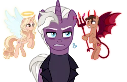 Size: 1920x1241 | Tagged: safe, artist:limedazzle, derpibooru import, oc, oc:adam, oc:lena, oc:michael, unofficial characters only, pony, unicorn, angel, devil, horn, image, png, shoulder angel, shoulder devil, simple background, transparent background, trident