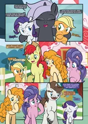 Size: 1920x2715 | Tagged: safe, artist:alexdti, derpibooru import, applejack, bright mac, cookie crumbles, hondo flanks, pear butter, rarity, oc, pony, unicorn, comic:how we met, female, filly, filly applejack, filly rarity, horn, image, png, younger