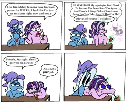 Size: 3324x2685 | Tagged: safe, artist:punkittdev, derpibooru import, starlight glimmer, trixie, twilight sparkle, twilight sparkle (alicorn), alicorn, pony, unicorn, g4, all in one, big eyes, bubble tea, comic, complaining, dexterous hooves, dialogue, drink, drinking, duo, duo female, female, figurine, freudian slip, frown, glow, glowing horn, grin, gundam, hoof hold, horn, image, implied lesbian, implied shipping, implied startrix, implied twilight sparkle, levitation, lidded eyes, looking away, magic, mare, narrowed eyes, nervous sweat, no pupils, png, simple background, smiling, speech bubble, sweat, telekinesis, teleportation, tongue out, trio, trio female, white background