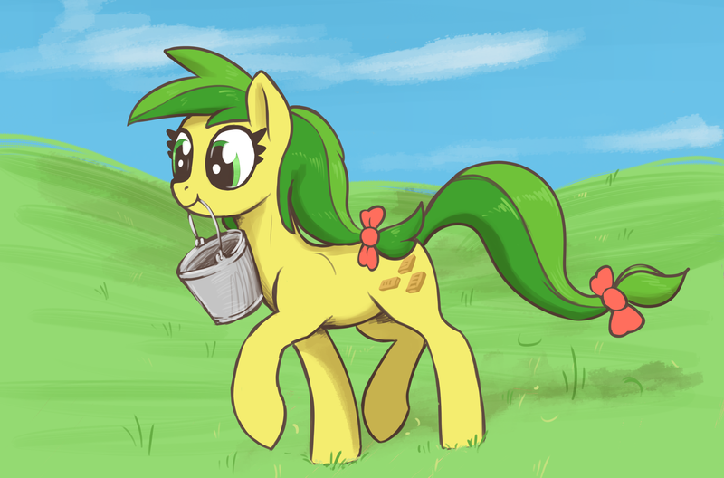 Size: 3000x1980 | Tagged: safe, artist:t72b, derpibooru import, apple fritter, pony, apple family member, bucket, cloud, female, grass, grass field, image, mare, mouth hold, png, sky, solo, trotting