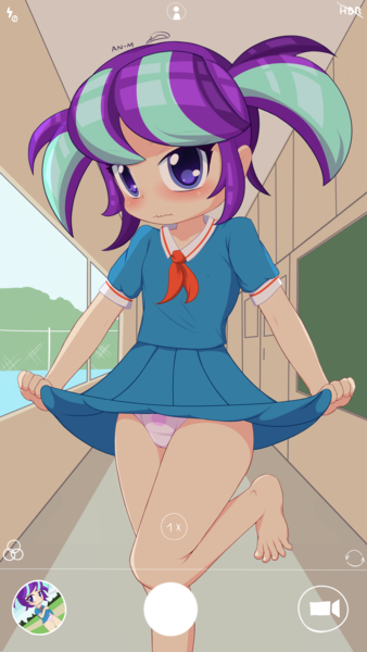 Size: 1800x3200 | Tagged: suggestive, artist:an-m, banned from derpibooru, deleted from derpibooru, derpibooru import, snowfall frost, starlight glimmer, human, barefoot, blushing, camera, clothes, embarrassed, embarrassed underwear exposure, feet, female, humanized, image, lolicon, panties, pigtails, png, school uniform, schoolgirl, skirt, skirt lift, underage, underwear, younger