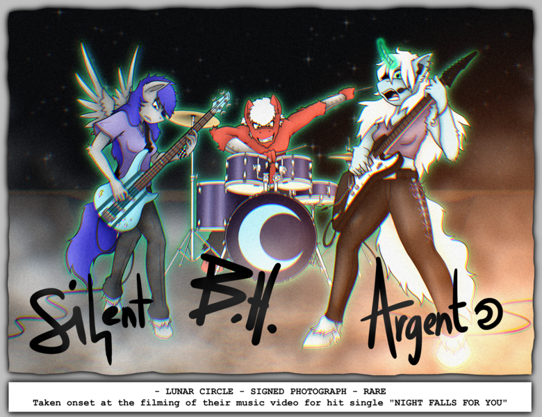 Size: 3508x2700 | Tagged: safe, artist:argent arms, derpibooru import, oc, oc:argent arms, oc:blunt hoof, oc:silent eyes, unofficial characters only, anthro, bass guitar, blue coat, blue mane, clothes, crescent moon, drum kit, drumming, drums, drumsticks, electric guitar, fog, glow, glowing horn, gray coat, guitar, guitar pick, horn, image, magic, magic aura, moon, musical instrument, performance, photo, png, rainbow rocks 10th anniversary, red coat, rock and roll, rock band, signature, white mane, wings