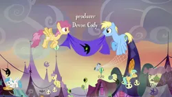 Size: 1920x1080 | Tagged: safe, derpibooru import, screencap, cerulean skies, dizzy twister, lightning bolt, orange swirl, parasol, sunshower raindrops, time flies, white lightning, pony, g4, scare master, credits, image, nightmare night, png, ponyville