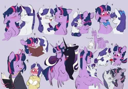 Size: 7800x5430 | Tagged: safe, artist:chub-wub, derpibooru import, mean rarity, mean twilight sparkle, nightmare rarity, rarity, twilight sparkle, twilight sparkle (alicorn), alicorn, pony, unicorn, g4, the mean 6, absurd resolution, alternate hairstyle, blue eyes, blushing, blushing profusely, book, bowtie, clone, clothes, dress suit, dusk shine, elusive, eyes closed, female, floppy ears, flower, glasses, half r63 shipping, height difference, horn, horns are touching, image, jpeg, lesbian, male, mare, necktie, nuzzling, purple background, rose, rule 63, ship:rarilight, ship:rarishine, ship:twilusive, shipping, simple background, stallion, straight, sweater, tall, unicorn twilight