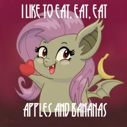 Size: 2048x2048 | Tagged: safe, artist:catscratchpaper, derpibooru import, applejack, fluttershy, bat pony, pony, g4, banana, bat ponified, blushing, chibi, cute, cute little fangs, fangs, female, flutterbat, food, image, jpeg, looking at you, mare, open mouth, open smile, race swap, smiling, solo