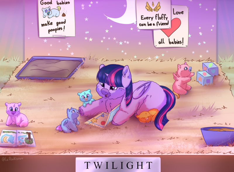 Size: 1920x1412 | Tagged: safe, artist:laponkisuwu, derpibooru import, twilight sparkle, twilight sparkle (alicorn), alicorn, fluffy pony, g4, cute, female, fluffy pony foals, fluffy pony mother, fluffy pony original art, image, jpeg, mother and child, twiabetes, twifluff