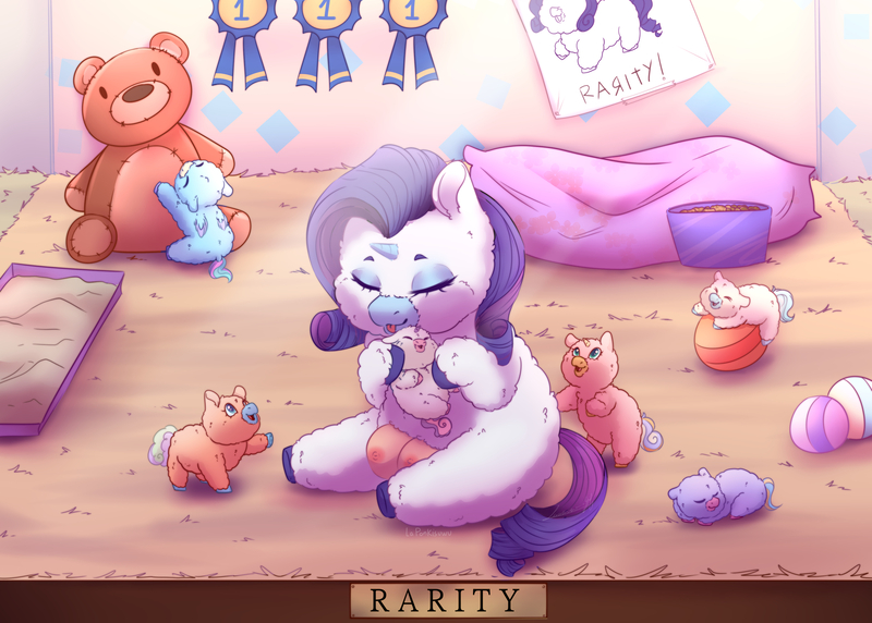 Size: 1920x1372 | Tagged: safe, artist:laponkisuwu, derpibooru import, rarity, sweetie belle, fluffy pony, crotchboobs, cute, female, fluffy pony foals, fluffy pony mother, fluffy pony original art, image, jpeg, mother and child, nudity, raribetes, rarifluff