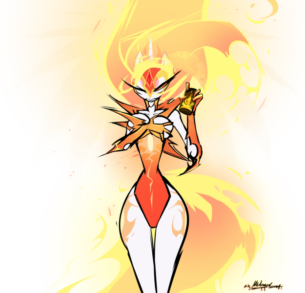 Size: 1872x1796 | Tagged: safe, artist:madragon, derpibooru import, daybreaker, alicorn, anthro, angry, breast grab, breasts, derpibooru exclusive, drink, energy drink, female, grope, image, light skin, mane of fire, one eye closed, png, signature, simple background, solo, solo female, standing, transparent background