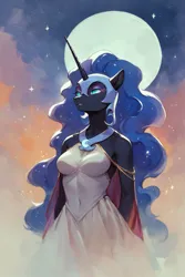 Size: 896x1344 | Tagged: safe, ai content, derpibooru import, machine learning generated, prompter:saberclaw1x, nightmare moon, alicorn, anthro, g4, arm behind back, breasts, busty nightmare moon, clothes, dress, full moon, image, lidded eyes, looking up, moon, png, smiling, solo