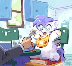 Size: 1342x1234 | Tagged: safe, artist:sheep-kinta, derpibooru import, oc, unofficial characters only, fluffy pony, human, pegasus, cute, feeding, food, hand, hugbox, image, jpeg, pasta, spaghetti