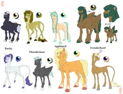 Size: 4700x3635 | Tagged: safe, artist:anelaponela, derpibooru import, applejack, rarity, thunderlane, trenderhoof, oc, earth pony, pegasus, pony, unicorn, crack shipping, female, freckles, headcanon, headcanon in the description, herd, horn, image, lesbian, male, parent:applejack, parent:rarity, parent:thunderlane, parent:trenderhoof, png, polyamory, rarijack, shipping, straight, travelersverse, trenderjack