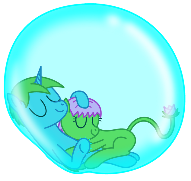 Size: 918x870 | Tagged: safe, artist:bladedragoon7575, derpibooru import, oc, oc:balance blade, unofficial characters only, earth pony, seapony (g4), bubble, bubble solution, duo, duo male and female, female, image, in bubble, male, png, simple background, transparent background