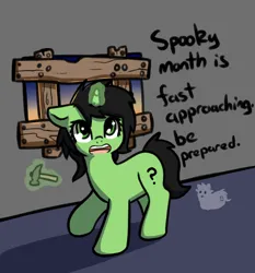 Size: 668x718 | Tagged: safe, artist:neuro, derpibooru import, oc, oc:anonfilly, earth pony, ghost, pony, undead, unicorn, board, boarded window, female, filly, foal, glow, glowing horn, hammer, horn, image, indoors, levitation, magic, png, solo, spooky month, talking to viewer, telekinesis, window