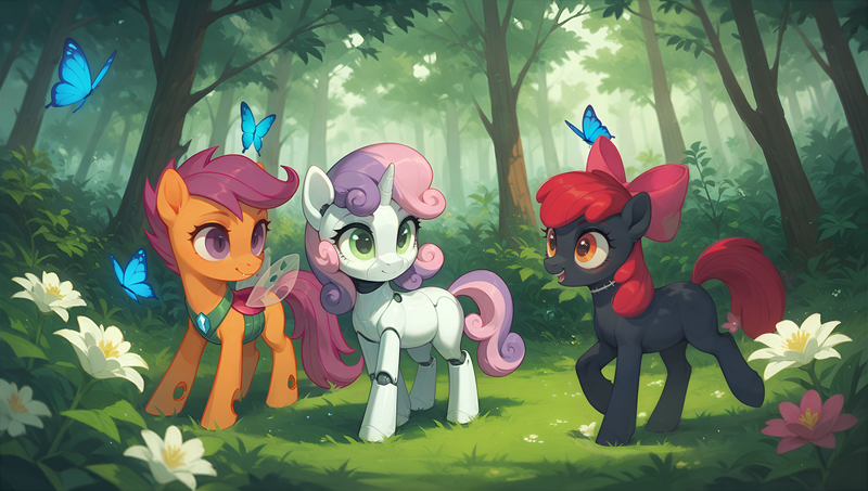 Size: 3840x2176 | Tagged: safe, ai content, derpibooru import, generator:tponynai3, machine learning generated, prompter:truekry, apple bloom, scootaloo, sweetie belle, butterfly, changedling, changeling, earth pony, insect, pony, robot, robot pony, undead, unicorn, zombie, zombie pony, fanfic:undead robot bug crusaders, story of the blanks, g4, apple bloom's bow, blank flank, blanked apple bloom, bow, changedlingified, cutie mark crusaders, fanfic art, flower, forest, grass, group, hair bow, horn, image, nature, outdoors, png, scootaling, species swap, sweetie bot, tree, trio, wallpaper