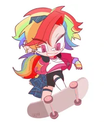 Size: 1462x1720 | Tagged: safe, artist:77658984, derpibooru import, rainbow dash, human, bandaid, bandaid on nose, image, jpeg, simple background, skateboard, skateboarding, white background