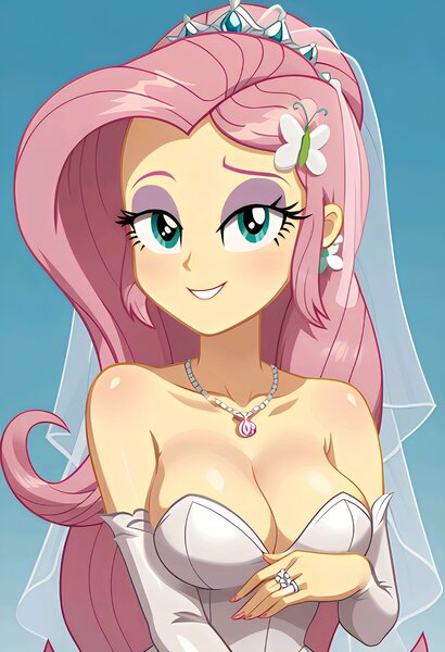 Size: 1401x2048 | Tagged: safe, ai content, machine learning generated, ponerpics import, ponybooru import, prompter:bartp98, fluttershy, equestria girls, bridal veil, bride, clothes, dress, image, jpeg, wedding dress, wedding veil