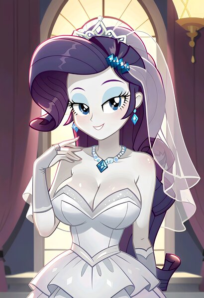 Size: 1401x2048 | Tagged: safe, ai content, machine learning generated, ponerpics import, ponybooru import, prompter:bartp98, rarity, equestria girls, bridal veil, bride, clothes, dress, image, jpeg, wedding dress, wedding veil