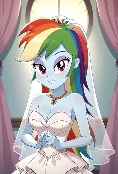 Size: 1401x2048 | Tagged: safe, ai content, machine learning generated, ponerpics import, ponybooru import, prompter:bartp98, rainbow dash, equestria girls, bridal veil, bride, clothes, dress, image, jpeg, wedding dress, wedding veil