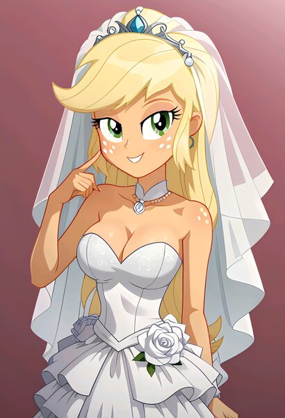 Size: 1401x2048 | Tagged: safe, ai content, machine learning generated, ponerpics import, ponybooru import, prompter:bartp98, applejack, equestria girls, brdie, bridal veil, clothes, dress, image, jpeg, wedding dress, wedding veil