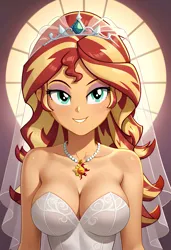 Size: 1401x2048 | Tagged: safe, ai content, machine learning generated, ponerpics import, ponybooru import, prompter:bartp98, sunset shimmer, equestria girls, clothes, dress, image, jpeg, wedding dress