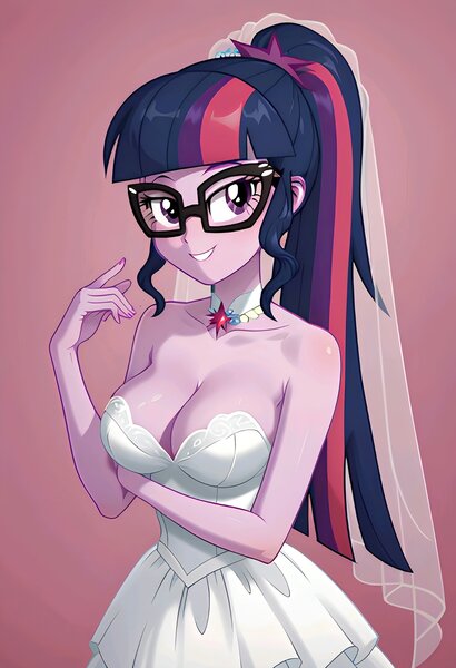 Size: 1401x2048 | Tagged: safe, ai content, machine learning generated, ponerpics import, ponybooru import, prompter:bartp98, twilight sparkle, equestria girls, clothes, dress, image, jpeg, wedding dress