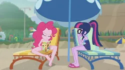 Size: 1920x1080 | Tagged: suggestive, derpibooru import, edit, edited screencap, screencap, pinkie pie, sci-twi, twilight sparkle, equestria girls, equestria girls series, friendship math, g4, barefoot, beach chair, beach umbrella, chair, clothes, duo, duo female, eyes closed, feet, female, flip-flops, glasses, image, magazine, my little pony equestria girls: better together, nude edit, nudity, one-piece swimsuit, png, ponytail, sandals, sci-twi swimsuit, strategically covered, swimsuit, umbrella