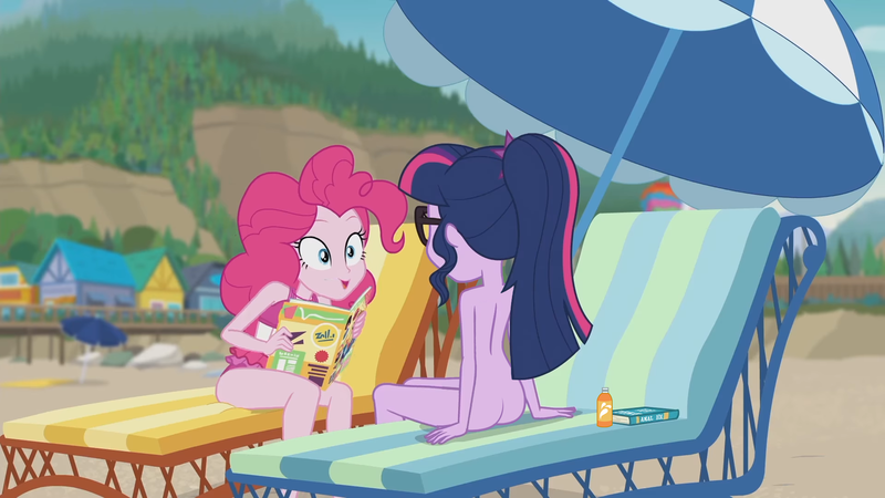 Size: 1920x1080 | Tagged: suggestive, derpibooru import, edit, edited screencap, screencap, pinkie pie, sci-twi, twilight sparkle, equestria girls, equestria girls series, friendship math, g4, beach chair, beach umbrella, book, butt, chair, clothes, duo, duo female, female, glasses, image, lube, magazine, my little pony equestria girls: better together, nude edit, nudity, one-piece swimsuit, pinkie pie swimsuit, png, ponytail, sci-twibutt, swimsuit, umbrella