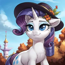 Size: 1024x1024 | Tagged: safe, ai content, derpibooru import, machine learning generated, prompter:thelight3d, stable diffusion, rarity, g4, autumn, flower, flower in hair, generator:pony diffusion v6 xl, hat, image, png, solo