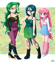 Size: 2208x2500 | Tagged: safe, artist:uotapo, color edit, derpibooru import, edit, editor:overlord 2, mane-iac, queen chrysalis, oc, oc:fluffle puff, human, pony, equestria girls, g4, boots, clothes, colored, image, jpeg, light skin, shoes, skin color edit