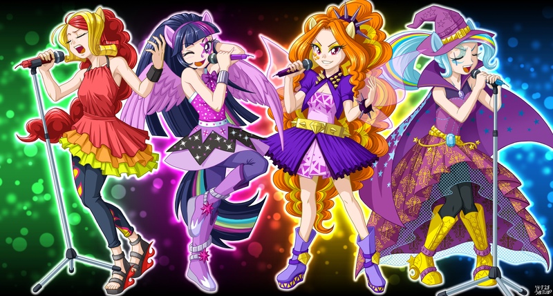 Size: 5600x3000 | Tagged: safe, artist:uotapo, color edit, derpibooru import, edit, editor:overlord 2, adagio dazzle, sunset shimmer, trixie, twilight sparkle, human, pony, equestria girls, g4, colored, image, jpeg, skin color edit