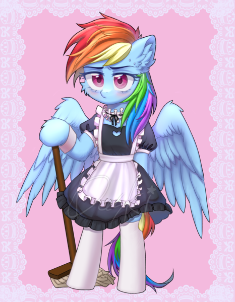 Size: 2536x3264 | Tagged: safe, artist:duski夕嵐, derpibooru import, rainbow dash, pegasus, pony, semi-anthro, bipedal, blushing, broom, clothes, cute, dashabetes, female, frown, image, kneesocks, maid, mare, patterned background, pink background, png, simple background, socks, solo, spread wings, wings