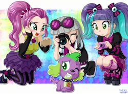 Size: 2704x2000 | Tagged: safe, artist:uotapo, color edit, derpibooru import, edit, editor:overlord 2, photo finish, pixel pizazz, spike, violet blurr, human, equestria girls, g4, camera, colored, humanized, image, jpeg, light skin, skin color edit