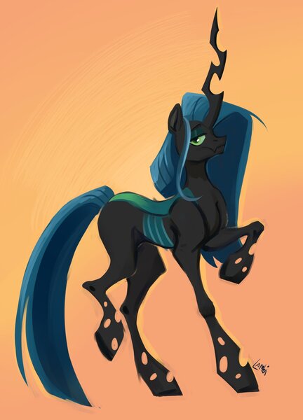 Size: 1554x2160 | Tagged: safe, artist:1an1, derpibooru import, queen chrysalis, changeling, changeling queen, g4, female, image, jpeg, lidded eyes, profile, raised hoof, signature, simple background, smiling, solo, yellow background