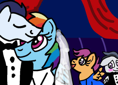 Size: 413x298 | Tagged: safe, artist:yoyoswing555, ponerpics import, ponybooru import, rainbow dash, rumble, scootaloo, soarin', pegasus, pony, bride, clothes, colt, dress, female, filly, foal, groom, image, jpeg, male, mare, marriage, rumbloo, shipping, soarindash, stallion, straight, wedding