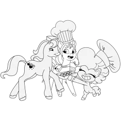 Size: 4267x4263 | Tagged: safe, artist:prixy05, derpibooru import, pinkie pie, sunny starscout, sweet berry, earth pony, pony, g2, g5, my little pony: pony life, my little pony: tell your tale, chef's hat, collaboration:world collide pmv, female, food, hat, image, lineart, mare, muffin, png, tray, trio, trio female