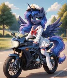 Size: 1935x2259 | Tagged: safe, ai content, derpibooru import, machine learning generated, prompter:midnightdashie, stable diffusion, princess luna, alicorn, clothes, generator:pony diffusion v6 xl, hat, image, jpeg, motorcycle, necktie, outdoors, riding, road, shirt, skirt, smiling, socks, spread wings, stockings, thigh highs, wings