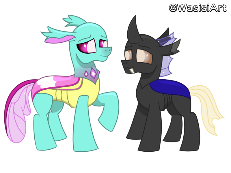 Size: 6000x4500 | Tagged: safe, artist:alejandrogmj, artist:wasisi, derpibooru import, spiracle, oc, oc:wasisi, changedling, changeling, canon x oc, changeling oc, image, looking at each other, looking at someone, png, simple background, transparent background