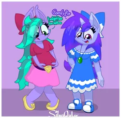 Size: 3040x2968 | Tagged: safe, artist:silvaqular, derpibooru import, oc, oc:cyanette, oc:qular, anthro, earth pony, plantigrade anthro, unicorn, belt, belt buckle, blue, bow, clothes, cyan, dress, female, horn, image, jewelry, long hair, multicolored hair, necklace, png, purple, shirt, shoes, skirt