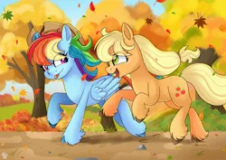 Size: 2048x1448 | Tagged: safe, artist:galaxy swirl, derpibooru import, applejack, rainbow dash, earth pony, pegasus, pony, fall weather friends, g4, :p, accessory theft, appledash, applejack's hat, autumn, cowboy hat, duo, duo female, eye clipping through hair, eyebrows, eyebrows visible through hair, female, folded wings, freckles, galloping, hat, image, jpeg, leaf, leaf pile, leaves, lesbian, looking at each other, looking at someone, mare, open mouth, open smile, rainbow dash wearing applejack's hat, running, scene interpretation, shipping, signature, smiling, smiling at each other, tied hair, tongue out, tree, unshorn fetlocks, wings