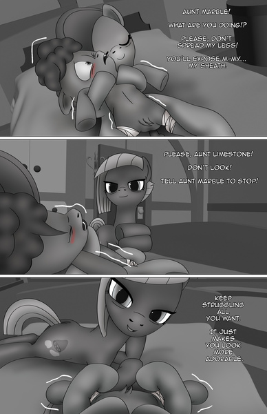 Size: 1989x3072 | Tagged: questionable, artist:anonymousandrei, derpibooru import, li'l cheese, limestone pie, marble pie, earth pony, pony, comic:life of li'l cheese, g4, the last problem, age difference, aunt and nephew, bed, bedroom, colt, comic, derpibooru exclusive, female, foal, holding, image, jpeg, leg lock, male, mare, offscreen character, older limestone pie, older marble pie, on bed, pie family home, pov, pubic fluff, spread legs, spreading, trio