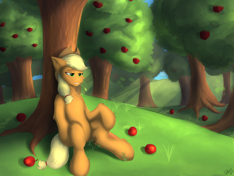 Size: 3273x2462 | Tagged: safe, artist:flapstune, derpibooru import, applejack, earth pony, pony, apple, apple tree, female, food, grass, green eyes, hat, image, looking at something, mare, png, signature, sitting, smiling, solo, straw in mouth, tree