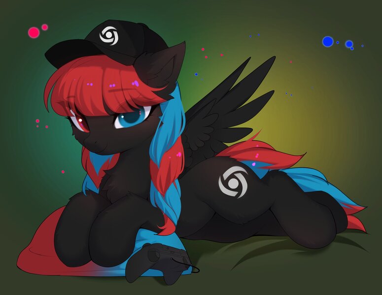 Size: 2048x1586 | Tagged: safe, artist:empress-twilight, ponerpics import, oc, unofficial characters only, pony, abstract background, female, hat, heterochromia, image, jpeg, looking at you, lying down, mare, pillow