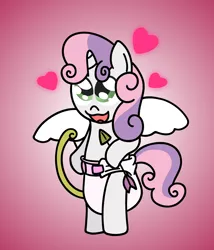 Size: 1920x2238 | Tagged: safe, artist:snowflakepone, derpibooru import, sweetie belle, pony, unicorn, abdl, arrow, bipedal, bow, cupid, curly hair, curly mane, curly tail, cute, diaper, diaper fetish, female, fetish, filly, foal, happy, heart, horn, image, looking at you, looking up, looking up at you, open mouth, png, tail, wings